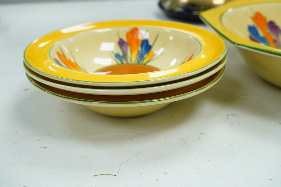 A Clarice Cliff Crocus pattern octagonal bowl and set of six dishes, largest 23cm wide. Condition - good